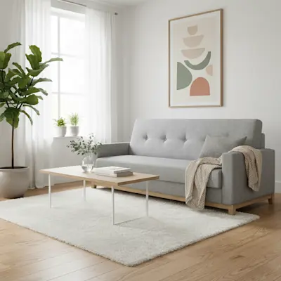 Wersalka Selene Sawana 21 z bukowymi nogami w jasnym, skandynawskim salonie z dużym oknem, drewnianą podłogą i minimalistycznymi dodatkami.