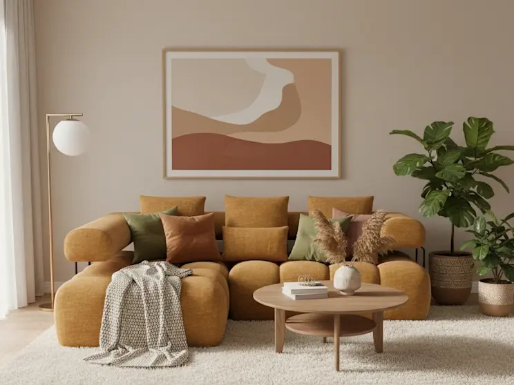 Stylowa aranżacja salonu z narożnikiem Levvi Manhattan 45, miękkimi poduszkami i dekoracjami w ziemistych odcieniach.