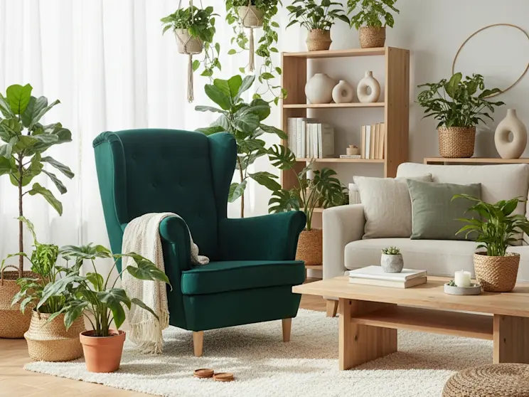 Fotel Aros w tkaninie Monolith 37 w salonie z licznymi roślinami, koszami plecionymi i jasnym, naturalnym oświetleniem.