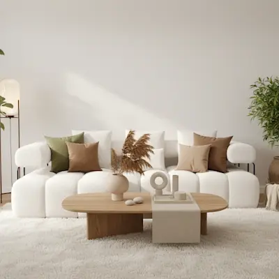 Narożnik Levvi w tkaninie Jaffray 01 w jasnym, naturalnym salonie z miękkim dywanem, drewnianym stolikiem i dużymi roślinami.