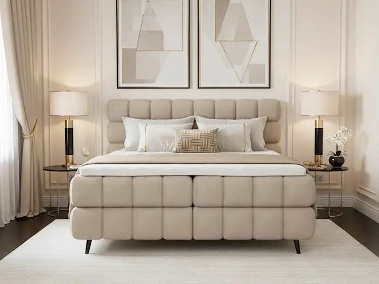 Beżowe łóżko Sabeno Calmora 18 ustawione w luksusowym wnętrzu z czarno-złotymi dekoracjami i miękkimi tkaninami.