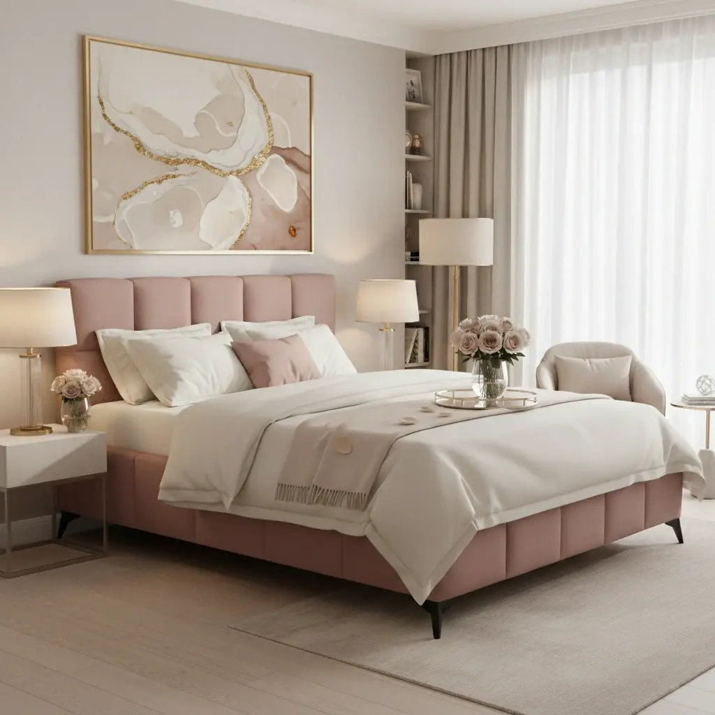 Różowe łóżko tapicerowane Mist Nube 24 w eleganckiej, jasnej sypialni. Miękki zagłówek, biała pościel i dodatki w beżach tworzą przytulny klimat do odpoczynku.