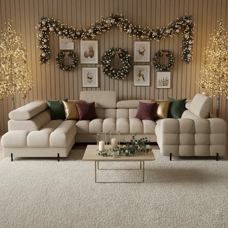 Jasny narożnik Fectory Calmora w eleganckim salonie ze świątecznymi dekoracjami. Przytulna aranżacja z girlandami, wiankami i nastrojowym światłem.