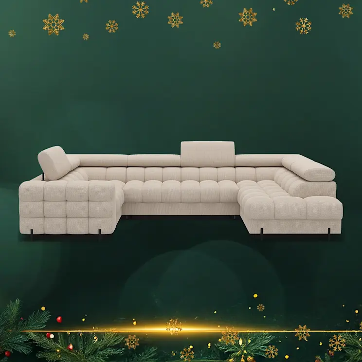 Narożnik Fectory w jasnej tkaninie przedstawiony na świątecznej grafice ELTAP, na zielonym tle z gałązkami choinki i złotymi śnieżynkami.