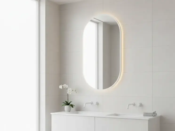 Owalne lustro Arducati A z podświetleniem LED zamontowane nad białą szafką umywalkową w nowoczesnej łazience z jasnymi płytkami, dużym oknem oraz minimalistyczną aranżacją wnętrza.