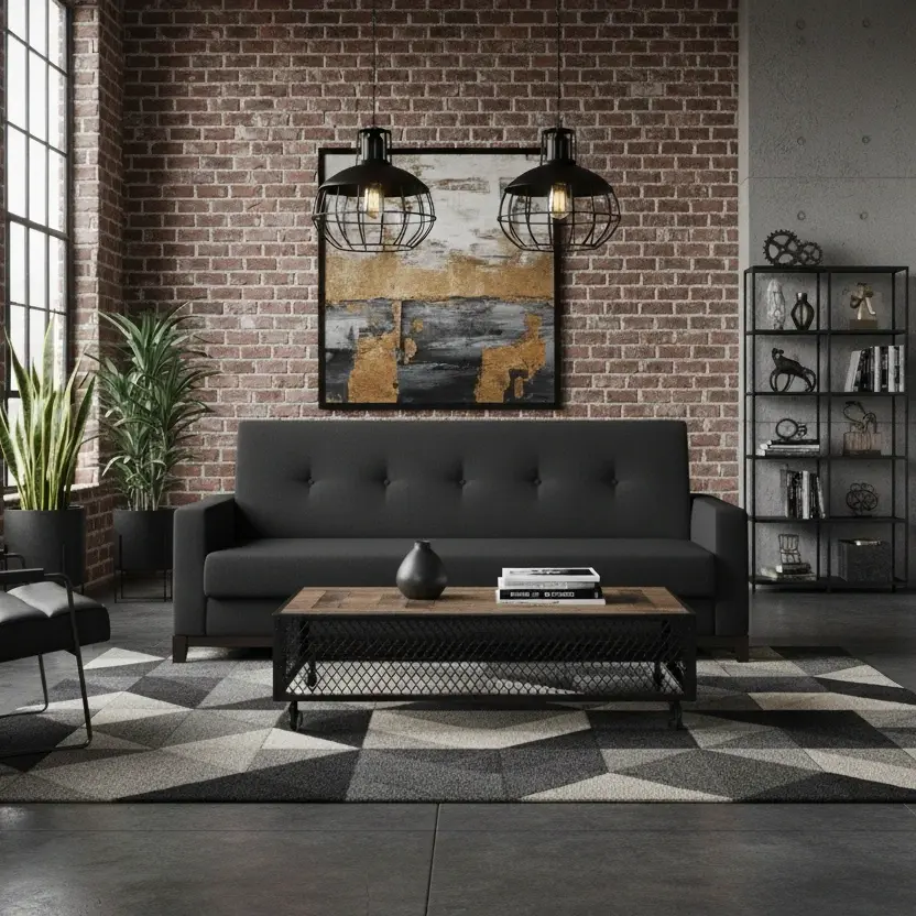 Kanapa Selene w tkaninie Sawana 14 w aranżacji loft z ceglaną ścianą, czarnymi lampami i drewnianym stolikiem w przytulnym salonie.
