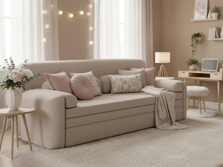 Przytulna aranżacja z kanapą Elioss w tkaninie Sola 18, delikatnym oświetleniem, pastelowymi akcentami i miękkimi tkaninami.