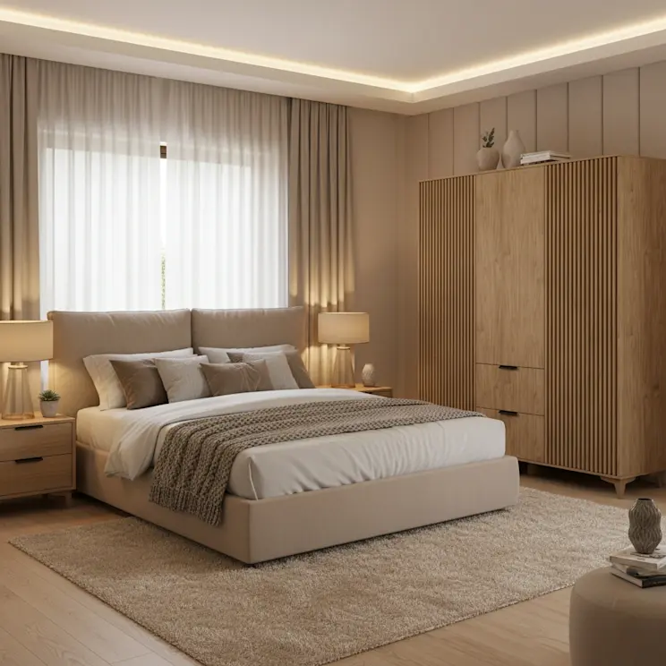 Stylowa, beżowa sypialnia z szafą Entsian o pionowych lamelach, połączoną z drewnianymi meblami i neutralnymi tekstyliami.
