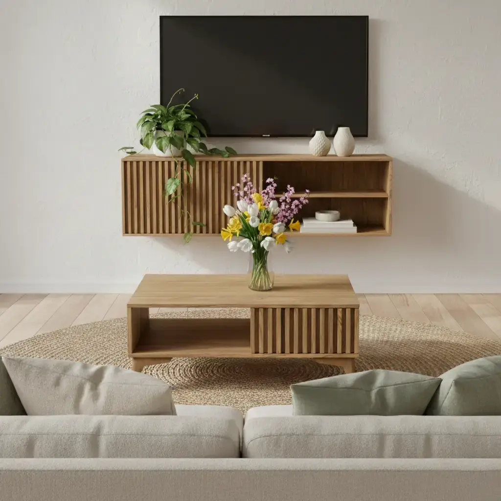 Nowoczesny salon z szafką RTV Entsian oraz dopasowanym stolikiem kawowym Entsian z lamelowym frontem. Na stoliku ustawiono wazon z kwiatami, co nadaje wnętrzu przytulny charakter.