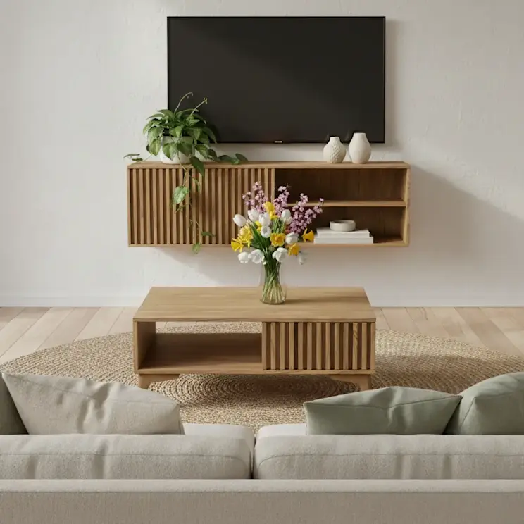 Nowoczesny salon z szafką RTV Entsian oraz dopasowanym stolikiem kawowym Entsian z lamelowym frontem. Na stoliku ustawiono wazon z kwiatami, co nadaje wnętrzu przytulny charakter.