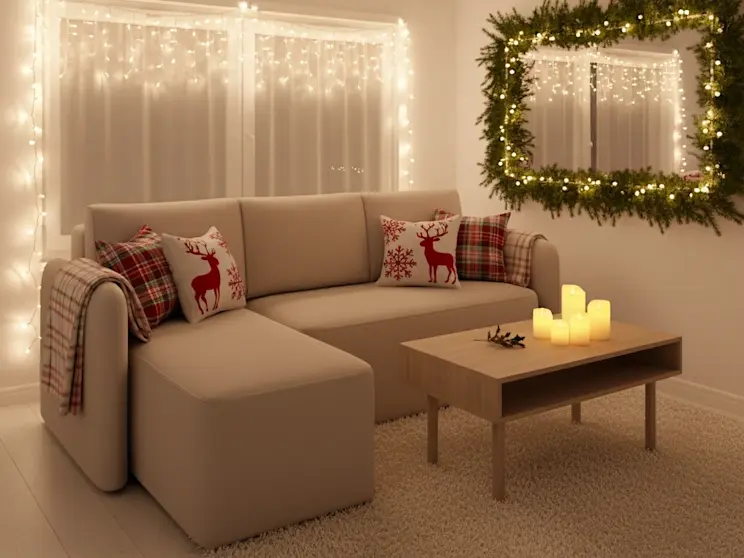 Narożnik Hadson Sola 18 w świątecznym salonie z ciepłymi lampkami, poduszkami z reniferami i naturalnymi dekoracjami, tworzący przytulny klimat.