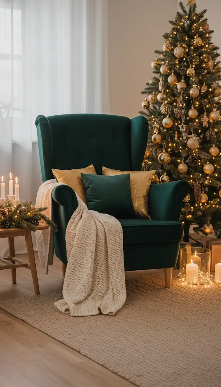 Fotel uszak Aros Monolith 37 w głębokiej zieleni, udekorowany poduszkami i pledem, ustawiony obok choinki w złotych ozdobach i migoczących światełkach.
