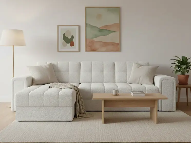 Jasny narożnik Blenvi w tkaninie Royal, zaprezentowany w spokojnym salonie z drewnianym stolikiem, miękkim dywanem i naturalnymi dodatkami.