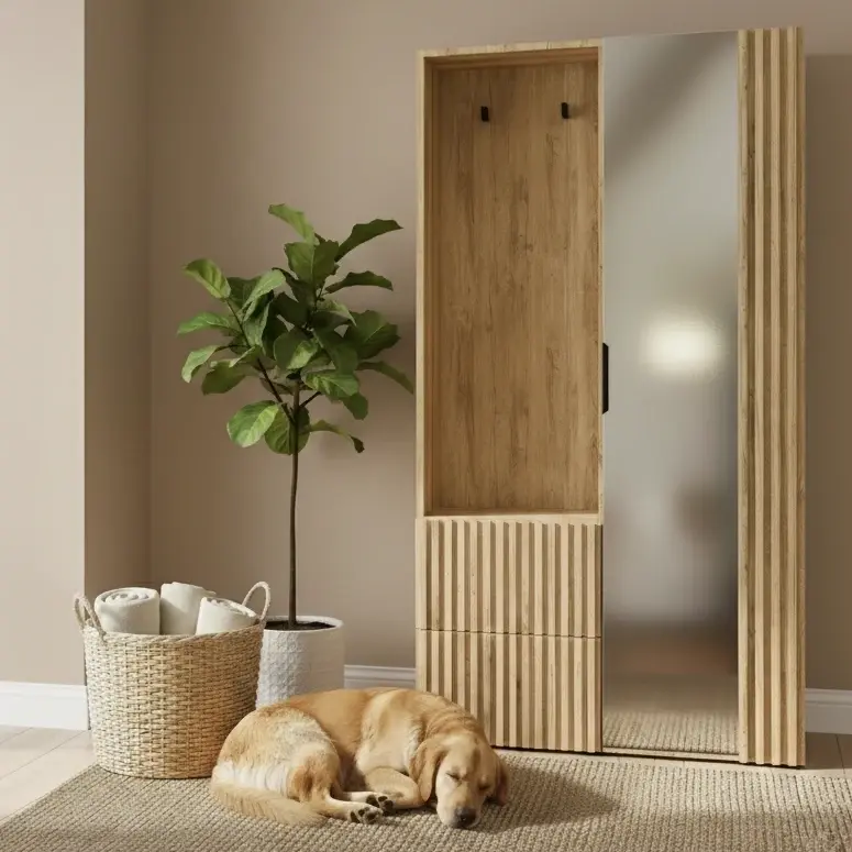 Garderoba Vimerio w dekorze dębu z lamelami i wysokim lustrem w przytulnym przedpokoju. Obok stoi roślina w donicy i kosz z tekstyliami, a na dywanie odpoczywa pies, co podkreśla domowy, rodzinny klimat.