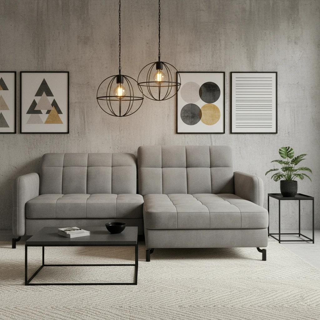 Narożnik Lorelle w tkaninie Monolith 84 w industrialnym salonie z betonową ścianą, geometrycznymi grafikami i czarnymi metalowymi dodatkami.