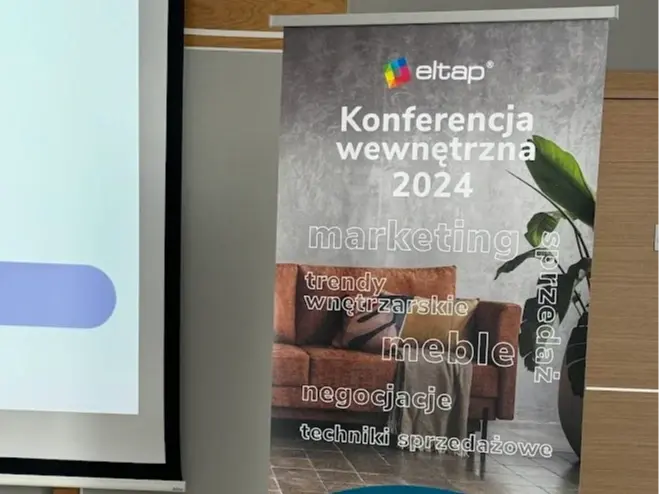 Baner konferencji wewnętrznej ELTAP 2024 z tematami: marketing, meble, sprzedaż, negocjacje i trendy wnętrzarskie.