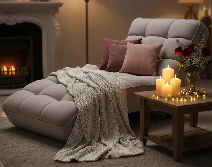 Jasnoszary szezlong Loren w tkaninie Nube 03 z miękkimi przeszyciami i wygodnym oparciem. W aranżacji salonu widać pled, poduszki, stolik z zapalonymi świecami oraz bukiet kwiatów, tworząc ciepły klimat.