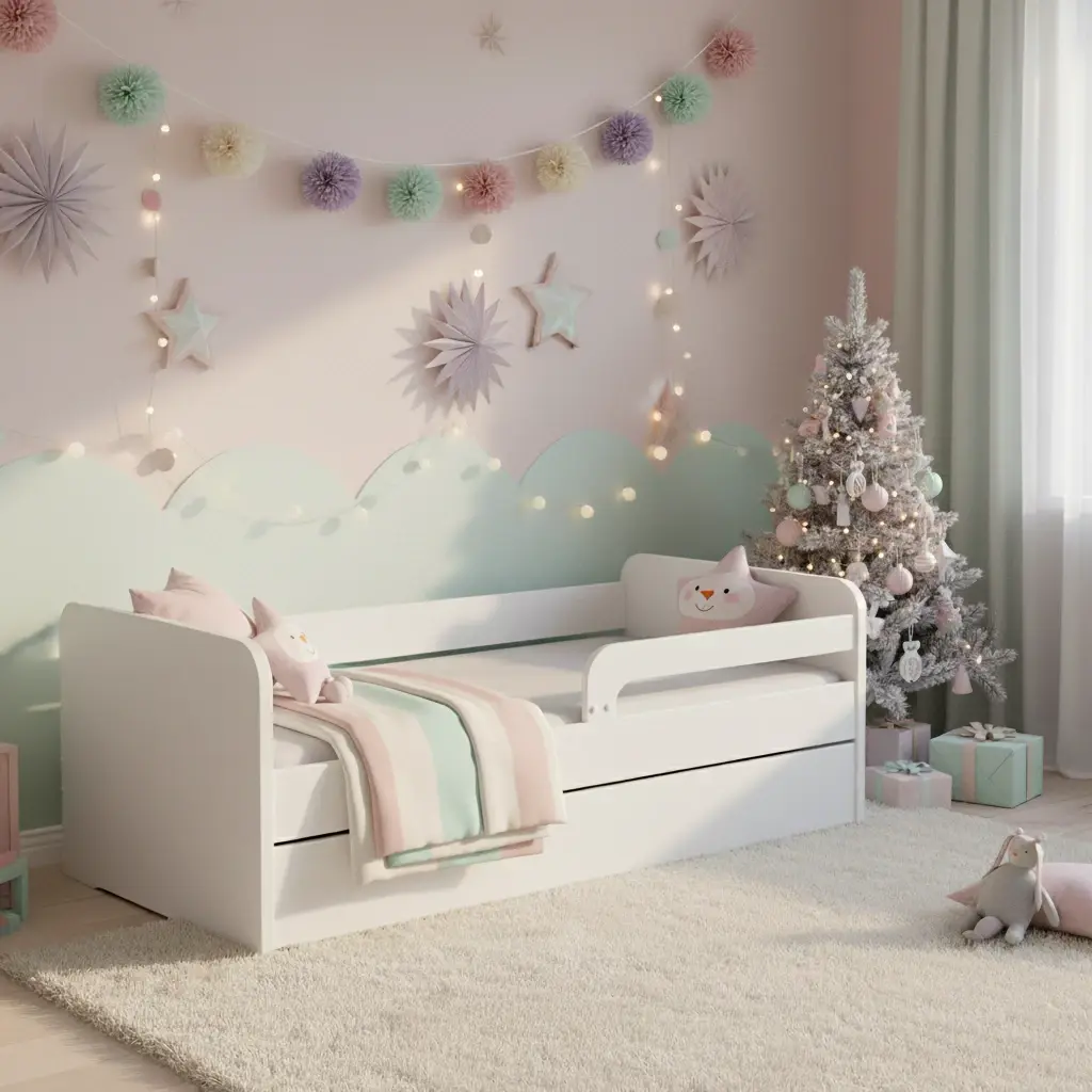 Łóżko Duuli w pastelowym pokoju dziecięcym z białą choinką, girlandami i dekoracjami w miękkich kolorach, tworzącym ciepły, świąteczny nastrój.