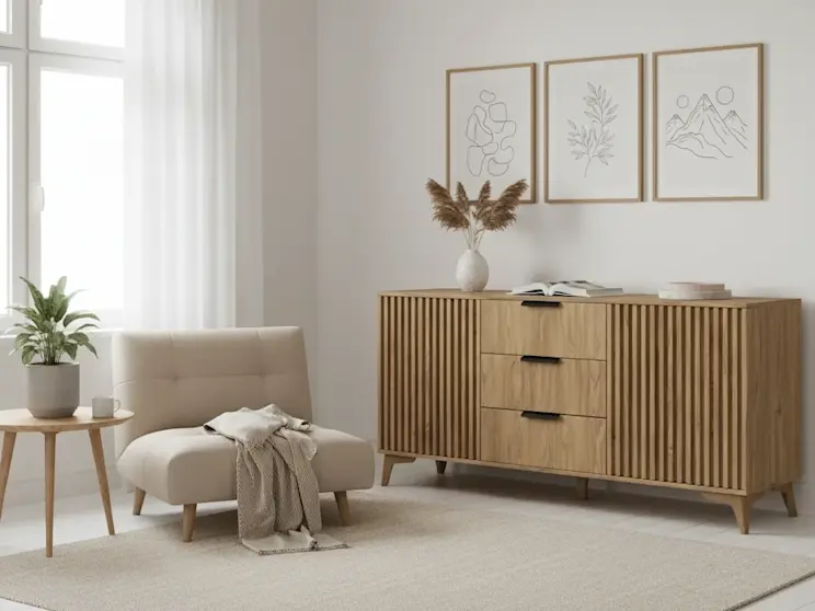 Drewniana komoda Entsian w jasnym, minimalistycznym salonie z miękkim fotelem, roślinami i subtelnymi grafikami na ścianie, tworząca spokojny klimat.