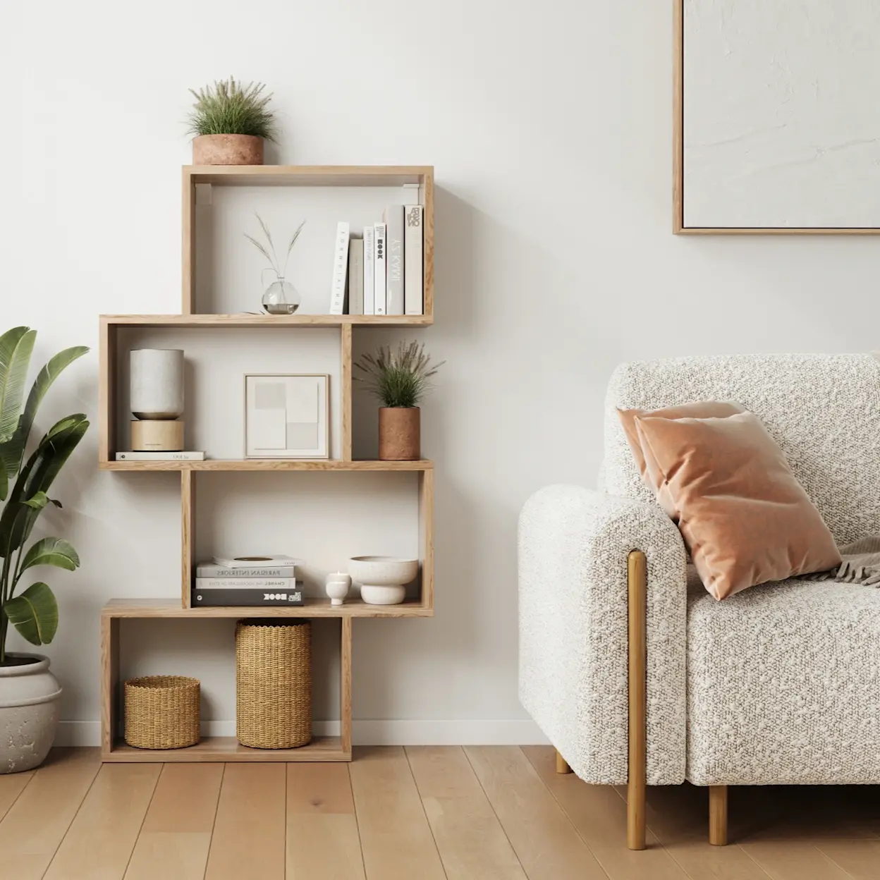 Regał Egurro w dekorze dąb i kanapa Arcadova w tkaninie boucle Jaffray 01.