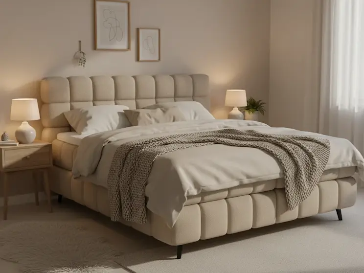 Beżowe łóżko Sabeno w tkaninie Calmora 18, zaprezentowane w jasnej i przytulnej sypialni z miękkimi tekstyliami i ciepłym oświetleniem.