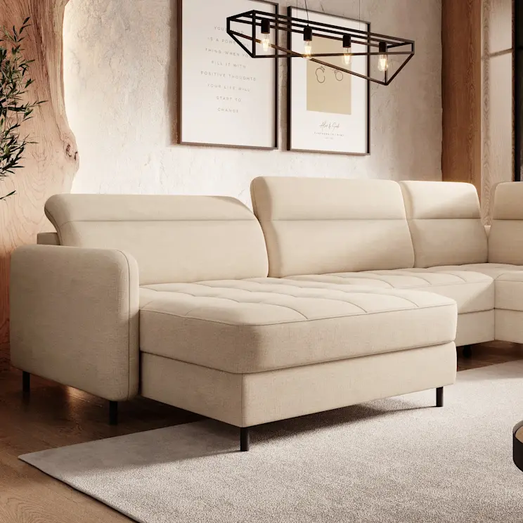 Beżowy narożnik Berrto o miękkiej formie i nowoczesnym designie. Komfortowe siedzisko idealne do eleganckiego salonu.