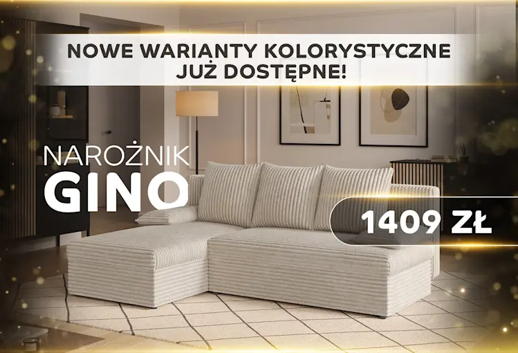 Narożnik Gino w jasnej tkaninie w nowoczesnym salonie. Informacja o nowych wariantach kolorystycznych i cenie 1409 zł dostępnej w ofercie ELTAP.