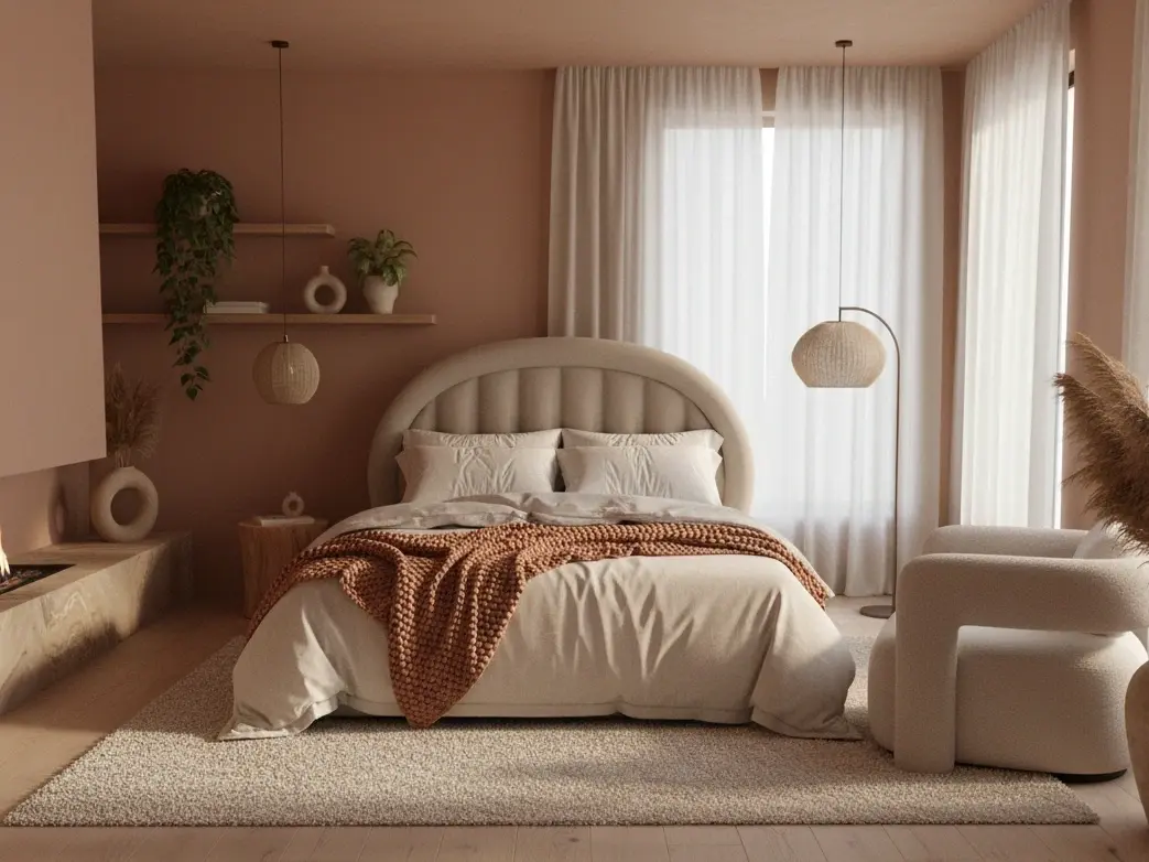 Stylowe wnętrze w odcieniach terrakoty z łóżkiem Tapedo i naturalnymi elementami, tworzące harmonijny klimat.