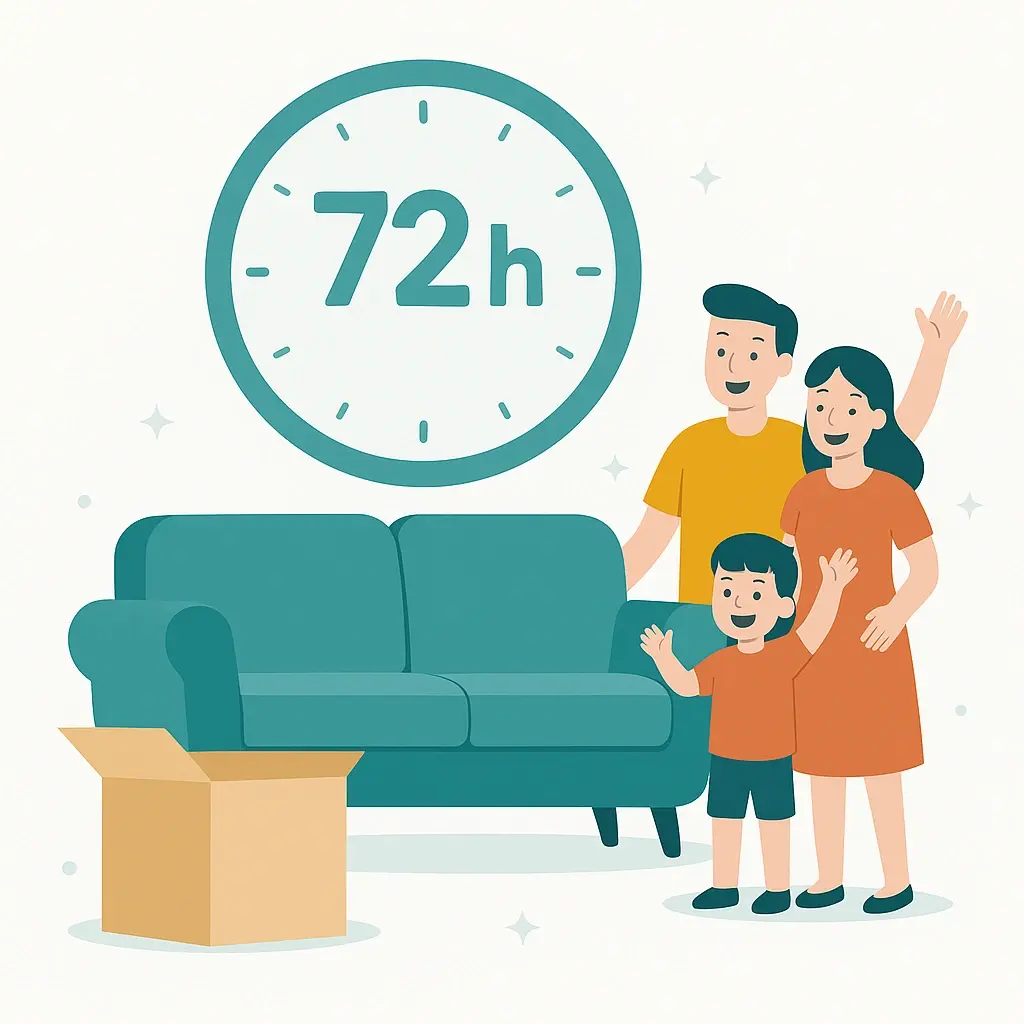 Ilustracja uśmiechniętej rodziny przy sofie, zegar z napisem 72h w tle, otwarte pudełko z meblem — szybka dostawa w 72 godziny.