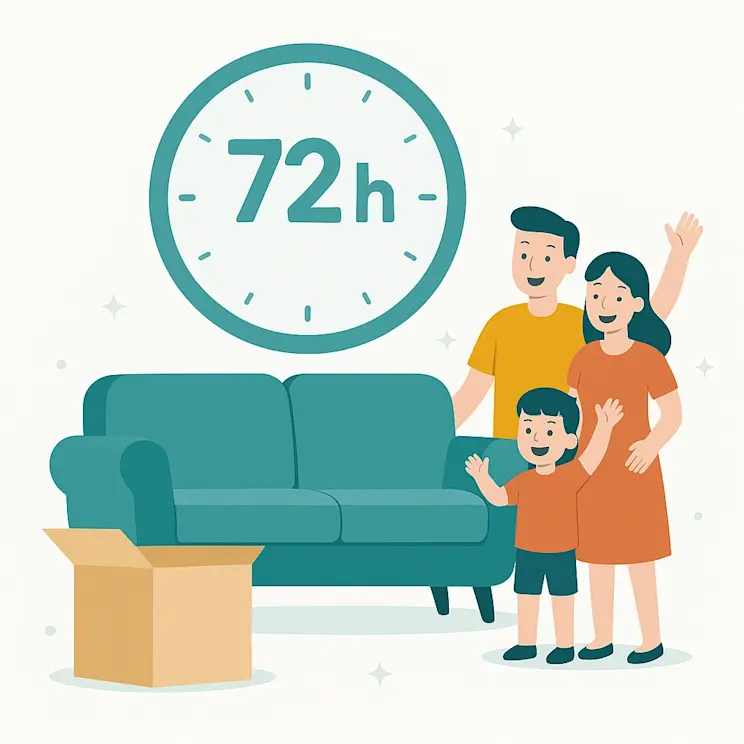 Ilustracja uśmiechniętej rodziny przy sofie, zegar z napisem 72h w tle, otwarte pudełko z meblem — szybka dostawa w 72 godziny.