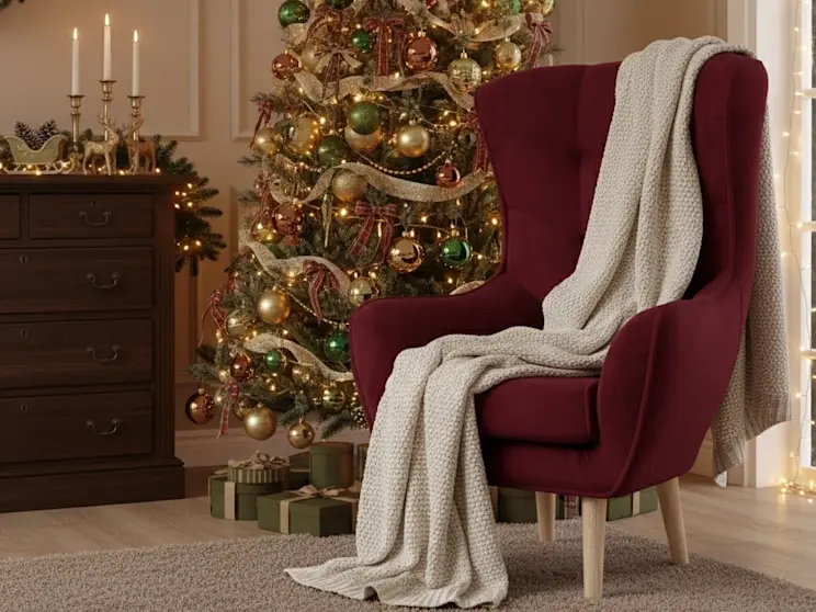 Bordowy fotel Arti Matt Velvet 68 w świątecznym salonie z choinką, ciepłymi światełkami i miękkim kocem, tworzący przytulny zimowy nastrój.