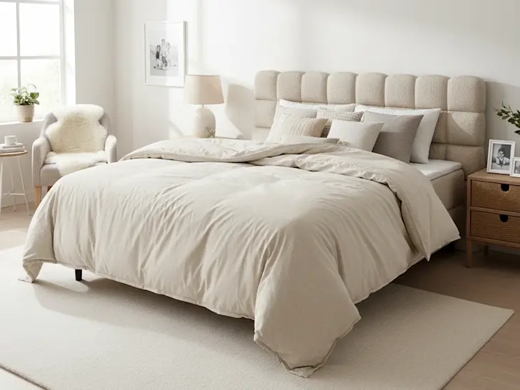 Beżowe łóżko Camma w tkaninie Calmora 18, zaprezentowane w jasnej sypialni z miękkimi tekstyliami i naturalnym światłem.