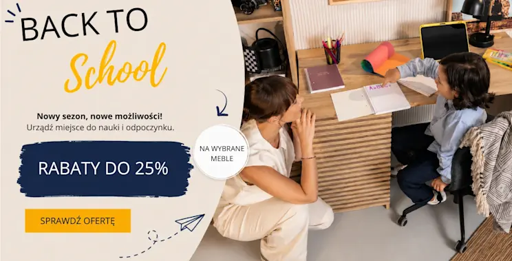 Baner Back to School ELTAP z kobietą i dzieckiem przy biurku, promujący rabaty do 20% na wybrane meble do miejsca nauki i odpoczynku.