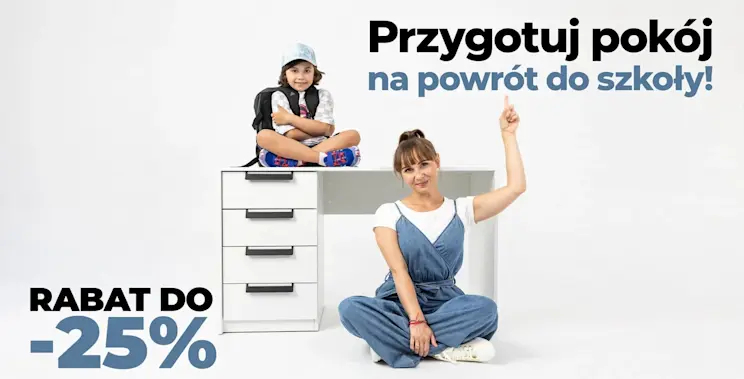 Baner Back to School ELTAP z kobietą i dzieckiem przy biurku, promujący rabaty do 20% na wybrane meble do miejsca nauki i odpoczynku.