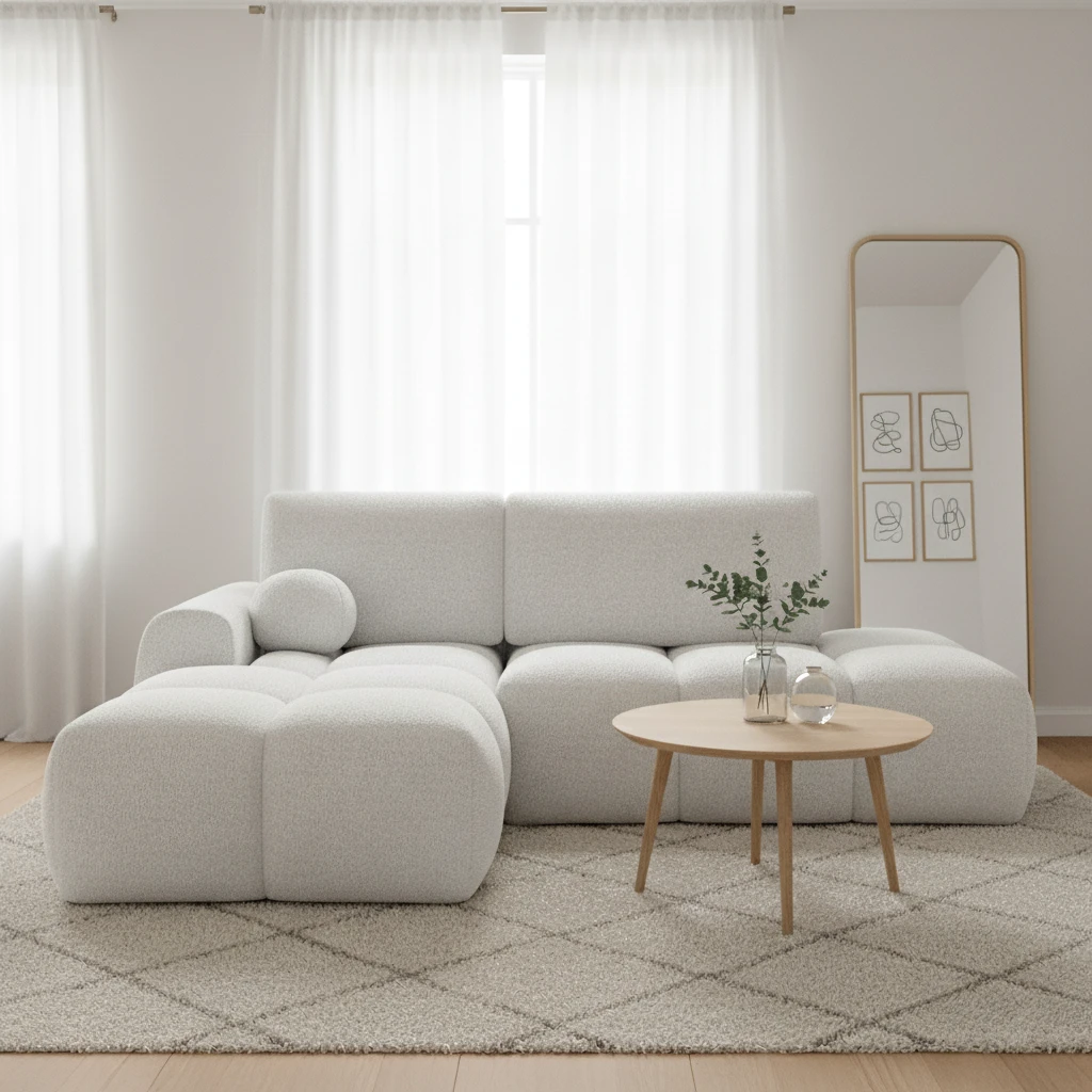 Narożnik Vittario w tkaninie Royal 01 w jasnym, minimalistycznym salonie z dużymi oknami, drewnianym stolikiem i miękkim, geometrycznym dywanem.