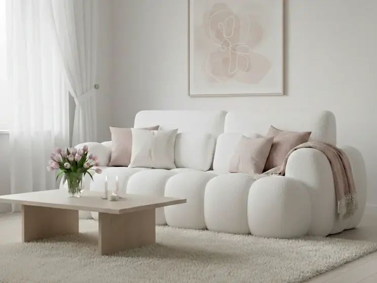 Nowoczesna kanapa Cotonn z jasną tapicerką boucle w eleganckiej aranżacji salonu. Wnętrze uzupełnia jasny dywan, stolik kawowy oraz dekoracje w delikatnych, pastelowych kolorach.