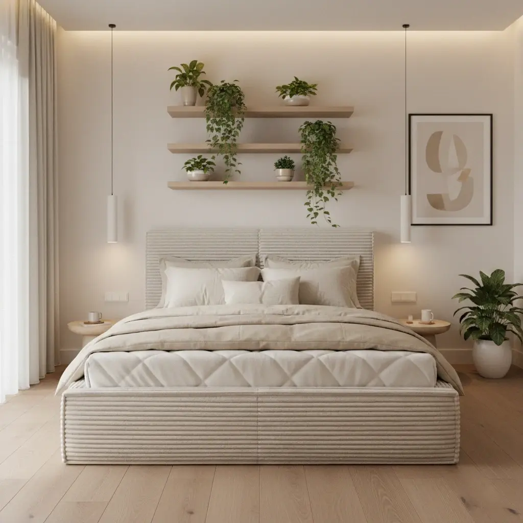 Jasna, minimalistyczna sypialnia z łóżkiem tapicerowanym Pesillo Modullo 01 i wysokim zagłówkiem. Nad łóżkiem wiszą drewniane półki z zielonymi roślinami, a całość dopełniają lampy wiszące i neutralna pościel.