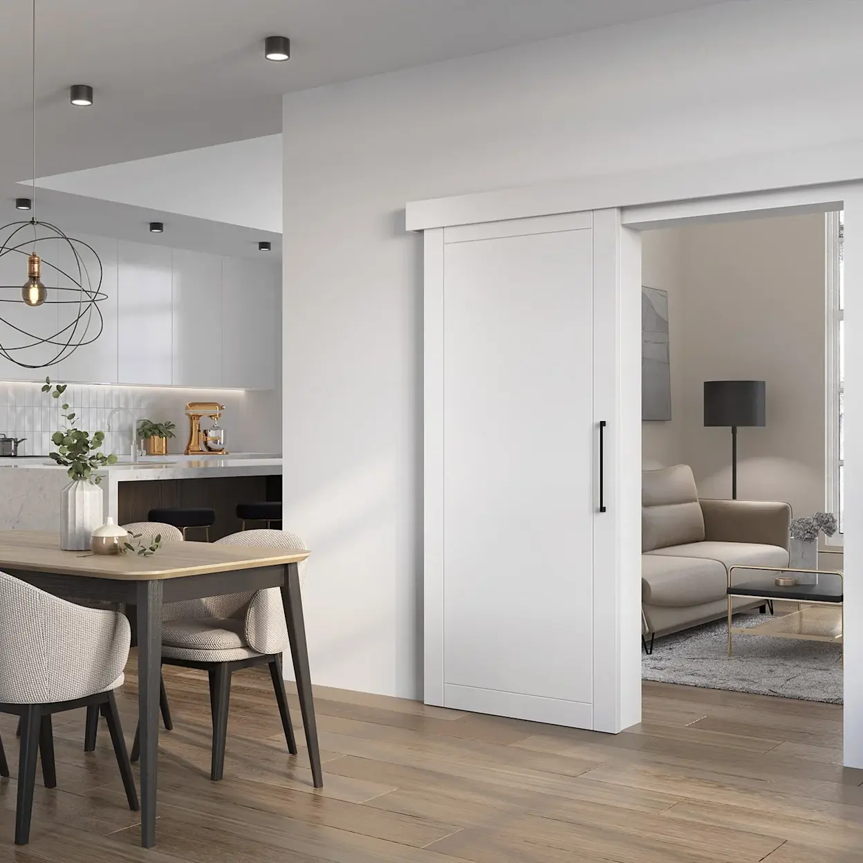 Nowoczesna aranżacja kuchni i salonu z drzwiami Charlise, elegancką lampą Olinto oraz kanapą Silva Poco 07 w spokojnej, jasnej palecie.