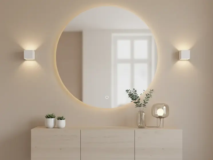 Okrągłe lustro Orandiu o średnicy 80 cm z subtelnym podświetleniem, zawieszone w jasnym wnętrzu nad minimalistyczną komodą z dekoracjami.