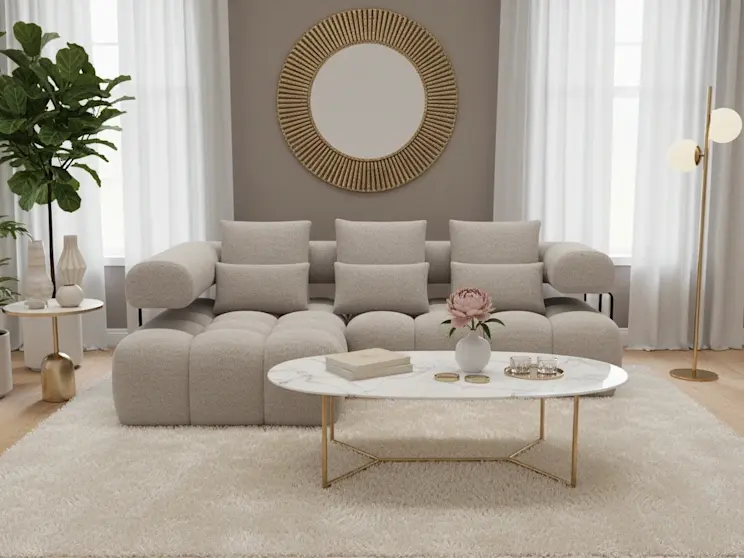 Stylowy salon z narożnikiem Levvi Royal 18, marmurowym stolikiem i delikatnymi beżowymi akcentami tworzącymi harmonijną przestrzeń.