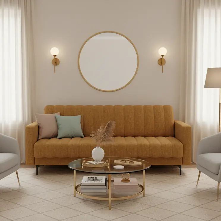 Wersalka Roneyy w tkaninie Manhattan 45 w eleganckim salonie z pastelowymi dodatkami, złotymi akcentami i jasnym oświetleniem.