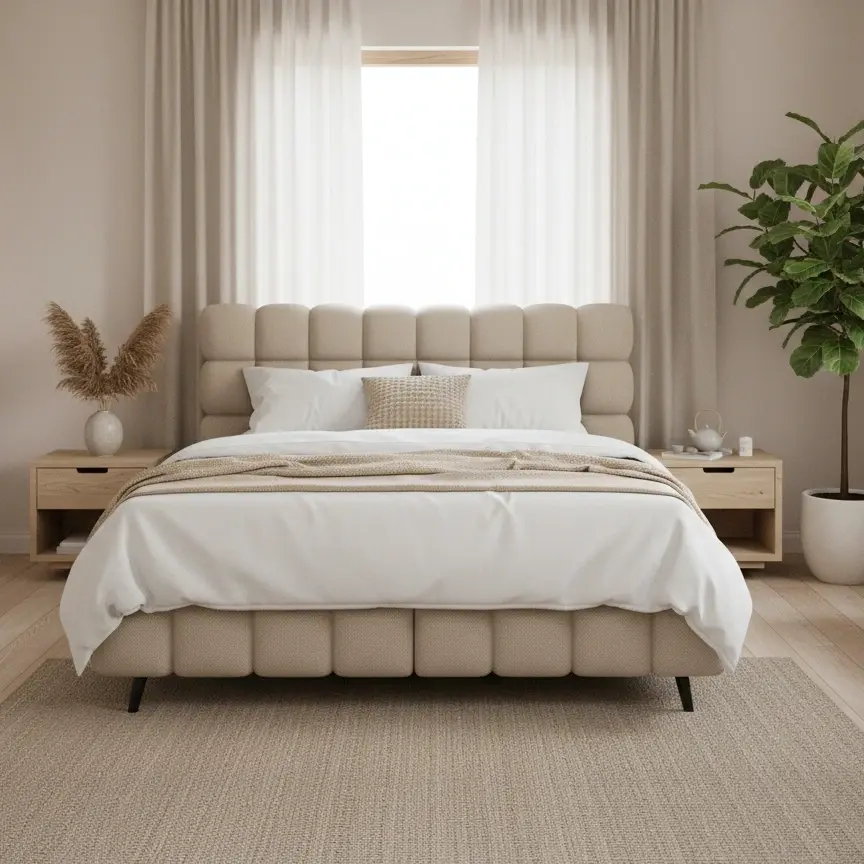 Łóżko Sabeno w tkaninie Calmora 18 ustawione w jasnej, naturalnej sypialni z drewnianymi meblami, roślinami i miękkimi tkaninami.