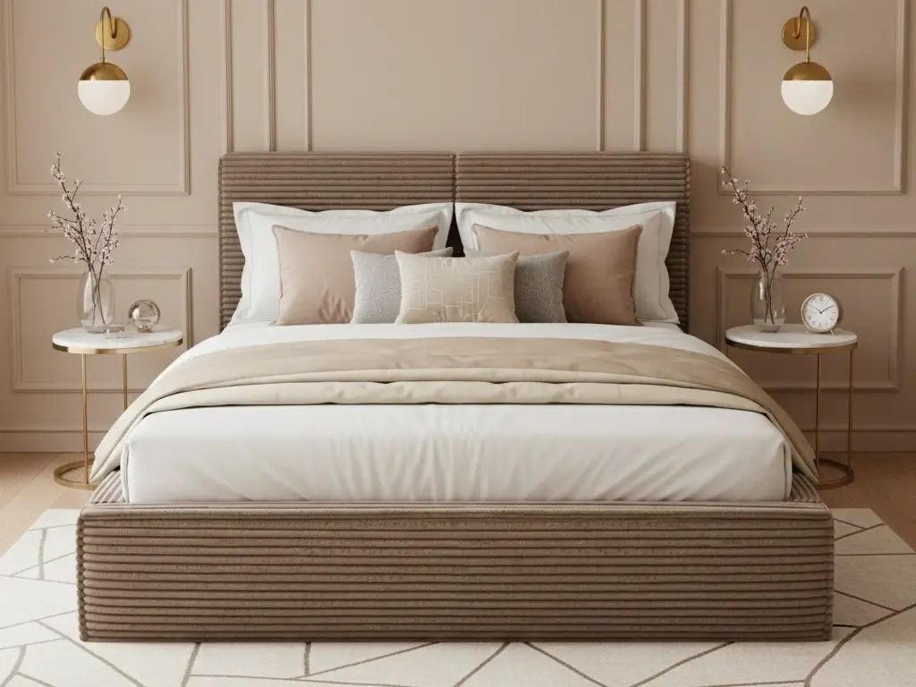 Łóżko Pesillo Modullo 20 ustawione centralnie w stonowanej sypialni z listwami na ścianie. Widać jasną pościel, beżową narzutę i poduszki, a symetryczne stoliki oraz lampy tworzą harmonijny, hotelowy klimat.