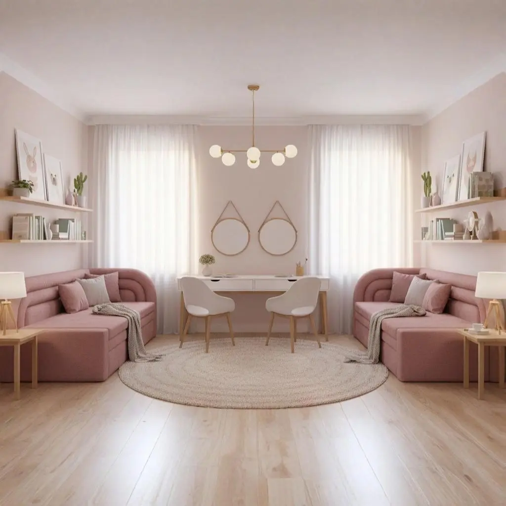 Dwie kanapy Fabillo w tkaninie Touch 24 w jasnym, dziewczęcym pokoju z dekoracjami, półkami i podwójnym biurkiem w pastelowych kolorach.