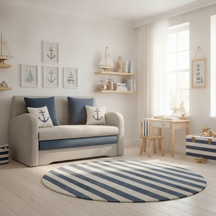 Sofa Ario w jasnoszarej tapicerce z granatowymi poduszkami ustawiona w pokoju dziecięcym urządzonym w stylu marynistycznym. Dekoracje z kotwicami, żaglówkami i granatowo-białym dywanem tworzą przytulną przestrzeń do zabawy i odpoczynku.