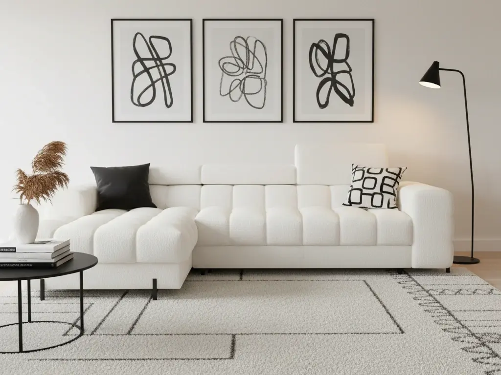 Narożnik Felro Amore 01 w jasnym salonie z kontrastowymi dodatkami, abstrakcyjnymi obrazami i czarnym stolikiem kawowym.