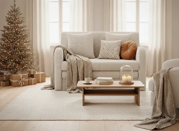 Kanapa Ario Jarell 18 w jasnym, świątecznym salonie z choinką, prezentami i naturalnymi dekoracjami, tworząca ciepłą, rodzinną atmosferę.