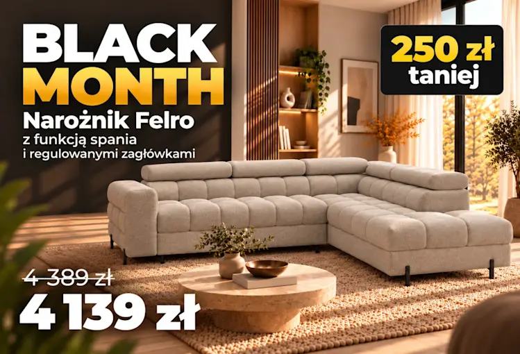 Baner Black Month z beżowym narożnikiem Felro z funkcją spania i regulowanymi zagłówkami. Promocja 250 zł – cena 4139 zł.