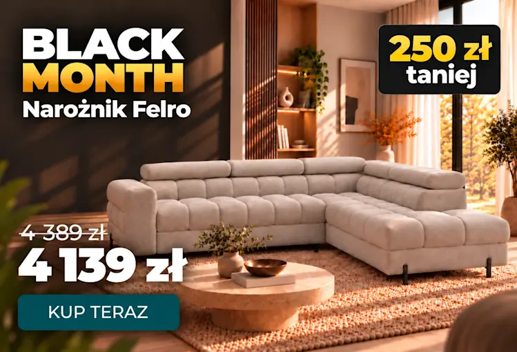 Baner Black Month z beżowym narożnikiem Felro z funkcją spania i regulowanymi zagłówkami. Promocja 250 zł – cena 4139 zł.