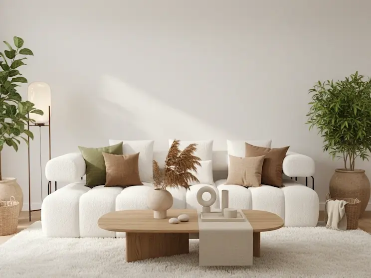 Przytulny, minimalistyczny salon z narożnikiem Levvi w tkaninie Jaffray 01, otoczony roślinami, neutralnymi barwami i naturalnymi materiałami.